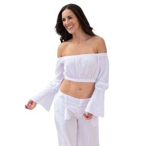 Cotton Natural Pima Off-Shoulder White Blouse with Flared Sleeves